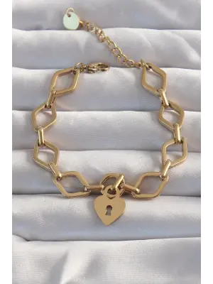 316L Çelik Gold Renk Kalp Model Zincir Bileklik