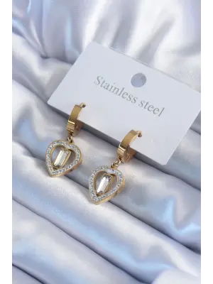   Altın Kalp Model Zirkon Taşlı Çelik Küpe