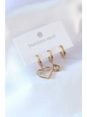 316L Çelik Gold Renk Kalp Model Zirkon Taşlı Kadın Küpe