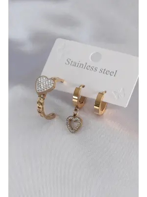   Altın Kalp Model Zirkon Taşlı Çelik Küpe Kombini