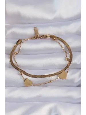 316L Çelik Gold Renk Kalpli Model İtalyan Zincirli Bileklik