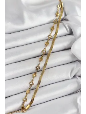 316L Çelik Gold Renk Kalpli Zincir ve İtalyan Zincirli 2li Kadın Bileklik