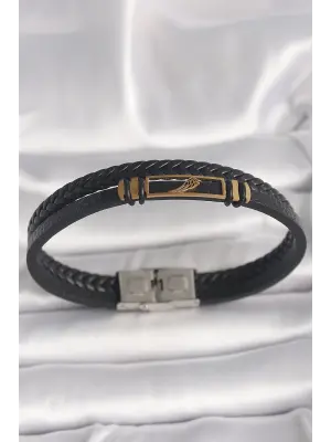316L Çelik Gold Renk Kanat Aksesuarlı Siyah Burgu Model Deri Kordon Erkek Bileklik