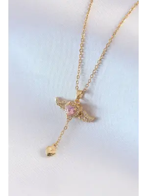  Altın  Kanatlı Kalp Model Zirkon Taş Detay  Çelik Kolye