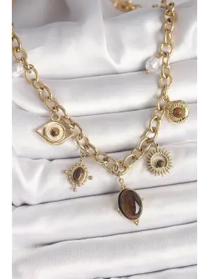 316L Çelik Gold Renk Kaplan Göz Taşlı Göz Figür Kadın Kolye