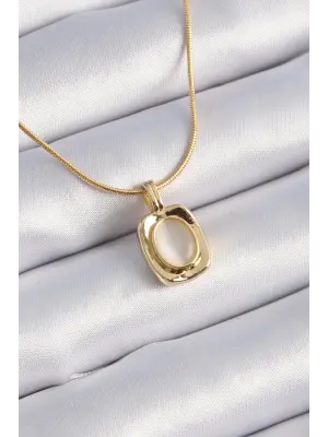 Altın  Kare Beyaz Sedefli Figür Vintage  Çelik Kolye
