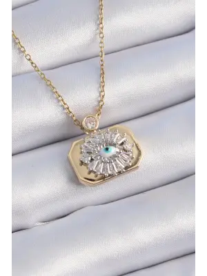  Altın  Kare Gümüş  Zirkon Taş Detay Göz Model Vintage  Çelik Kolye
