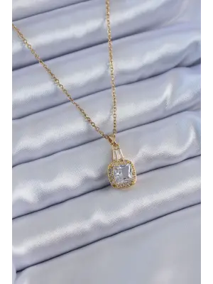316L Çelik Gold Renk Kare Kristal Taşlı Kadın Kolye