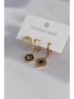 316L Çelik Gold Renk Kare Model Güneş İşleme Kadın Küpe Kombini
