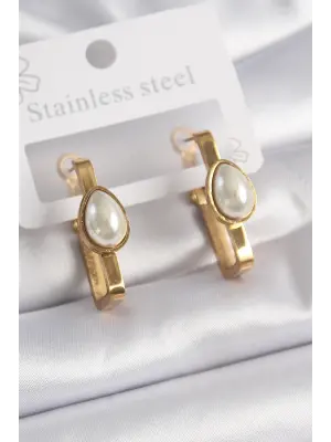   Altın Kare Model İnci Damla Figürlü Çelik Küpe