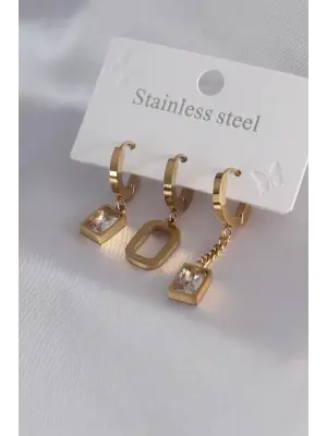 316L Çelik Gold Renk Kare Model Zirkon Taş Detay Kadın Küpe Kombini