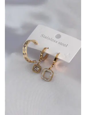 316L Çelik Gold Renk Kare Model Zirkon Taş Detay Kadın Küpe Kombini