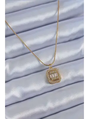  Altın  Kare Zirkon Taş Model  Çelik Kolye