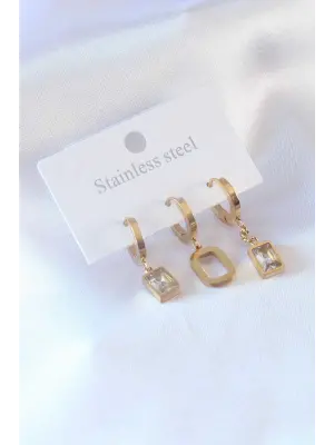316L Çelik Gold Renk Kare Zirkon Taş Model Kadın Küpe