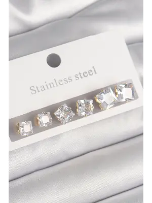   Altın Kare Zirkon Taş Model Çelik Küpe Seti