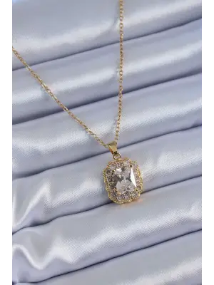 316L Çelik Gold Renk Kare Zirkon Taşlı Kadın Kolye