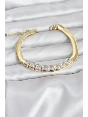 316L Çelik Gold Renk Kare Zirkon Taşlı Yılan Zincirli Kadın Bileklik
