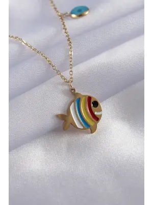  Altın  Karışık  Balık Figür Nazar Boncuk Detay  Çelik Kolye