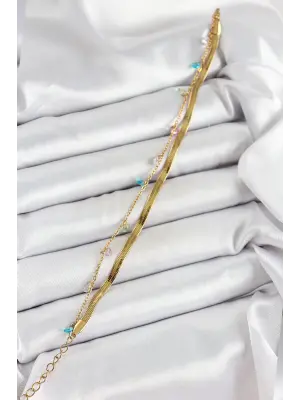 316L Çelik Gold Renk Karışık Renkli Kristal Taşlı 2li Kadın Bileklik