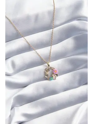  Altın  Kedi Çiçek Kelebek Figür  Çelik Kolye