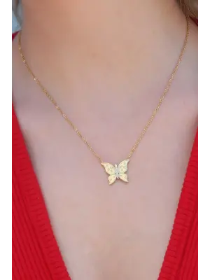  Altın  Kelebek Figür İşleme Detay  Çelik Kolye