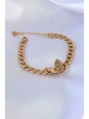 316L Çelik Gold Renk Kelebek Figür İşleme Detay Zincir Model Kadın Bileklik