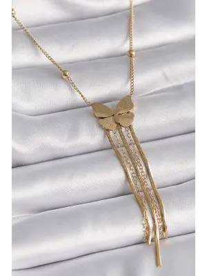  Altın  Kelebek Figür Sallantı İtalyan Zincirli  Çelik Kolye