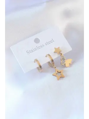 316L Çelik Gold Renk Kelebek Figür Yıldız Detay Zirkon Taşlı Kadın Küpe