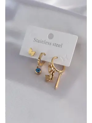 316L Çelik Gold Renk Kelebek Model Kalp Detay Kadın Küpe Kombini