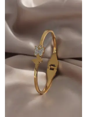 316L Çelik Gold Renk Kelebek Model Zirkon Taşlı Kadın Kelepçe