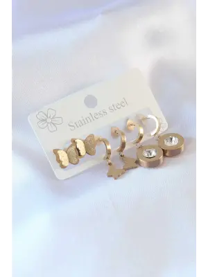 316L Çelik Gold Renk Kelebek Model Zirkon Taşlı Kadın Küpe