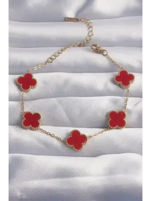 316L Çelik Gold Renk Kırmızı Mineli Yonca Bileklik