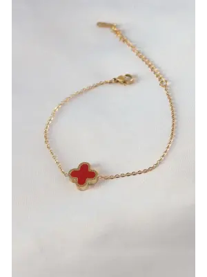 316L Çelik Gold Renk Kırmızı Yonca Model Kadın Bileklik