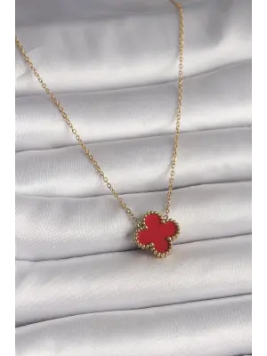 316L Çelik Gold Renk Kırmızı Yonca Model Kadın Kolye