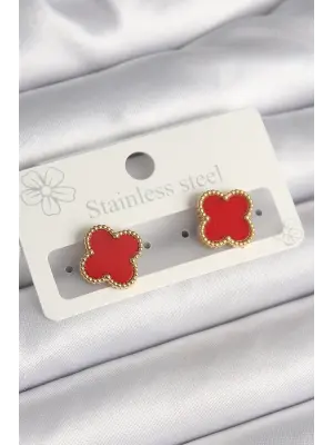   Altın Kırmızı Yonca Model Çelik Küpe