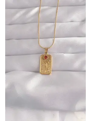  Altın  Kırmızı Zirkon Taşlı Gül Model Vintage Çelik Kolye