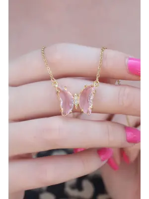 316L Çelik Gold Renk Krem Pembe Kristal Taşlı Kelebekli Çelik Kadın Kolye