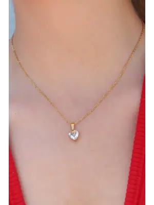  Altın  Kristal Kalp Figür  Çelik Kolye
