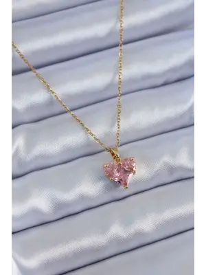 316L Çelik Gold Renk Kristal Kalp Model Kadın Kolye