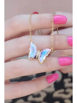 316L Çelik Gold Renk Kristal Kelebek Model Kadın Kolye