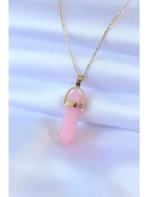 Altın Kristal Pembe Taş Model kolye