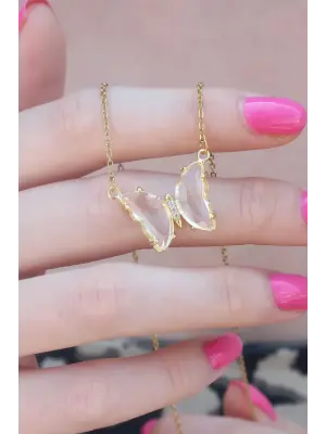316L Çelik Gold Renk Beyaz Kristal Taşlı Şeffaf Kelebek Kolye