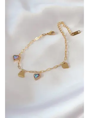 316L Çelik Gold Renk Kristal Taşlı Kalp Model Kadın Bileklik