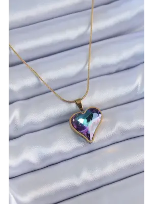  Altın  Kristal Taşlı Kalp Model  Çelik Kolye