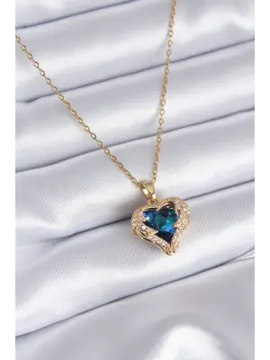  Altın  Kristal Taşlı Kalp Model Zirkon Taşlı  Çelik Kolye