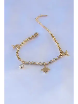 316L Çelik Gold Renk Kutup Yıldızı Figür Zirkon Taş Detay Kadın Bileklik