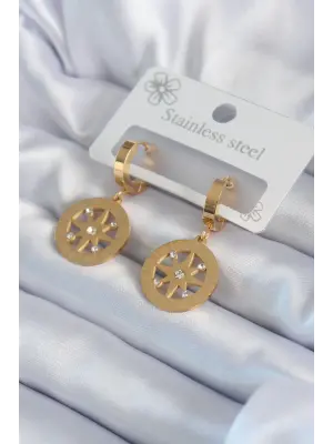   Altın Kutup Yıldızı Model İşleme Detay Zirkon Taşlı Çelik Küpe