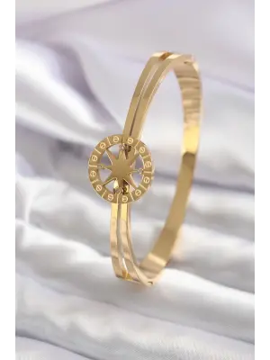 316L Çelik Gold Renk Kutup Yıldızı Model Zirkon Taş Detay Kadın Kelepçe