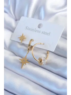 316L Çelik Gold Renk Kutup Yıldızı Model Zirkon Taş Detay Kadın Küpe