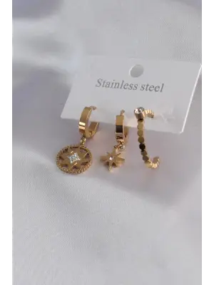 316L Çelik Gold Renk Kutup Yıldızı Model Zirkon Taşlı Kadın Küpe Kombini